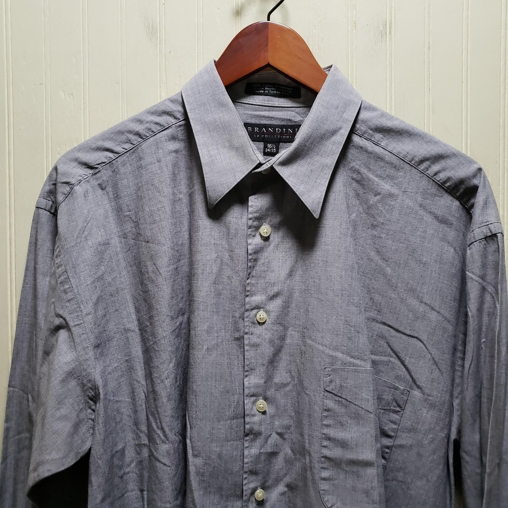 Brandini Dress Shirt Mens 16.5 34/35 Gray Check Cotton Regular Fit LS Woven